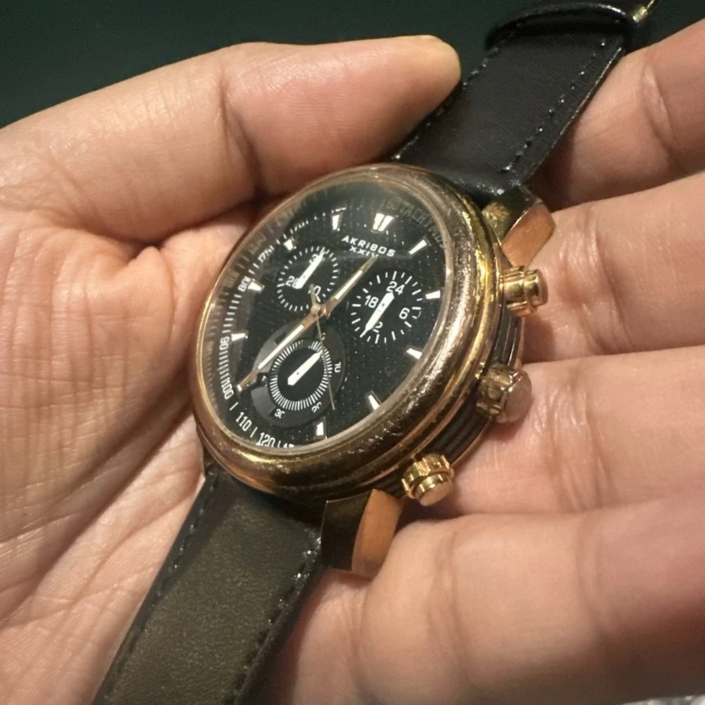 Working Akribos XXIV Chronograph Mens Watch Ak443RG Rose Gold Quartz 43MM Black